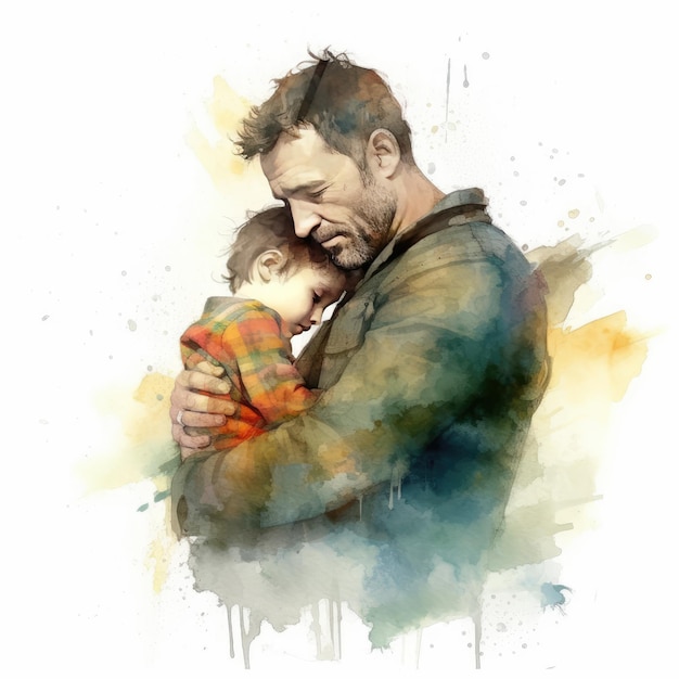 Illustration d'une peinture d'un père et d'un fils utilisant des aquarelles colorées avec des expressions