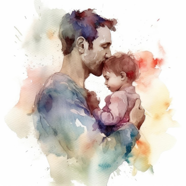Illustration d'une peinture d'un père et d'un fils utilisant des aquarelles colorées avec des expressions