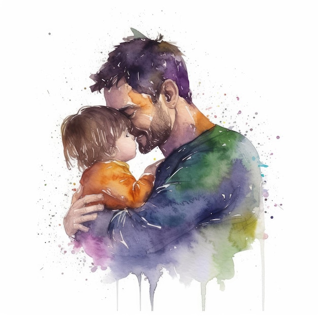 Illustration d'une peinture d'un père et d'un fils utilisant des aquarelles colorées avec des expressions