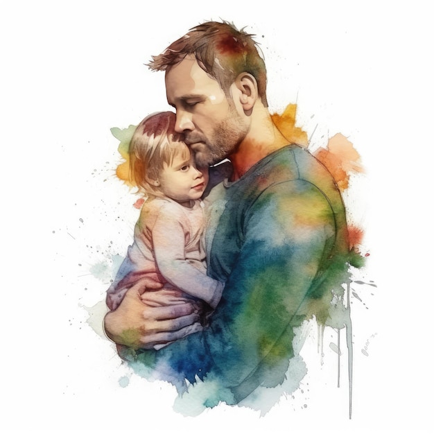 Illustration d'une peinture d'un père et d'un fils utilisant des aquarelles colorées avec des expressions