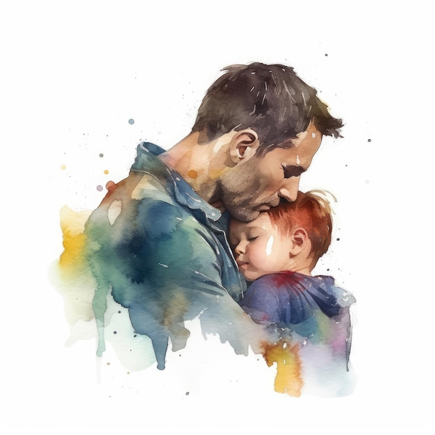 Illustration d'une peinture d'un père et d'un fils utilisant des aquarelles colorées avec des expressions