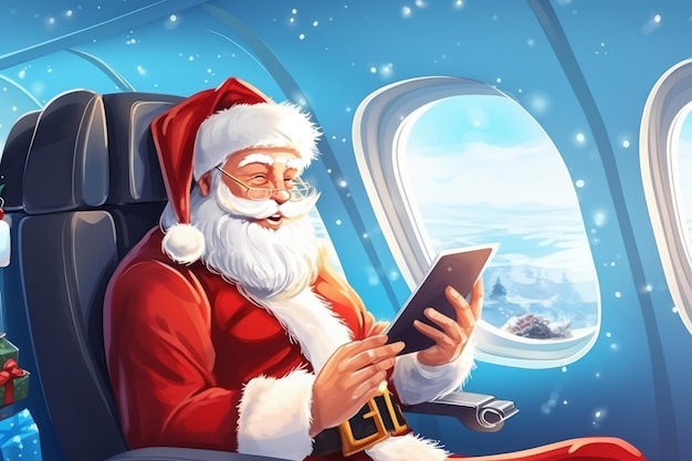 Illustration Père Noël dans l'avion avec des citoyens utilisant un smartphone ou une tablette voyageant généré par l'IA