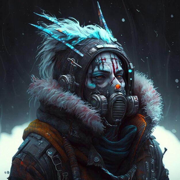 illustration d'un personnage de concept cyberpunk future technologie punk Y2K ninja urbain en hiver