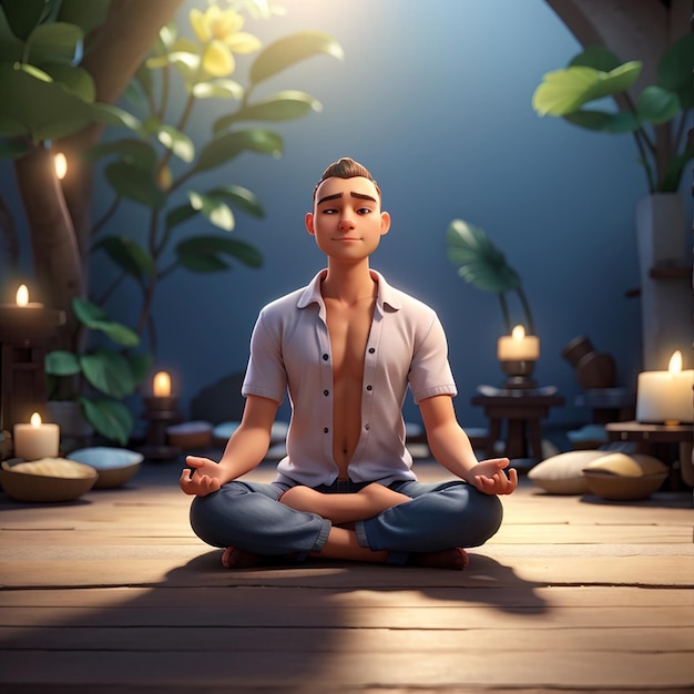 Illustration de personnage de dessin animé 3D d'un homme en méditation assis sur le sol dans la position du lotus du yoga