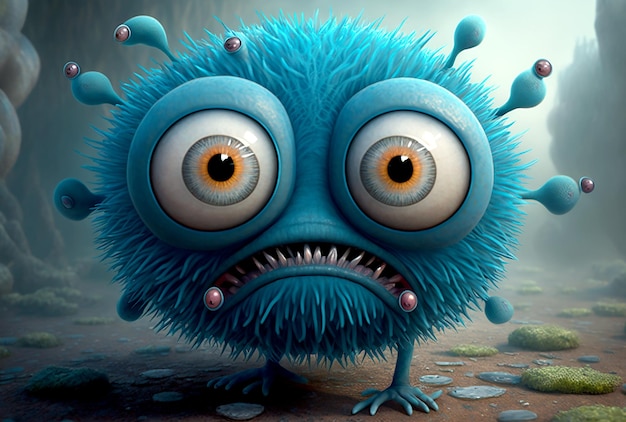Illustration d'un personnage drôle de virus bleu avec un visage en colère AI générative