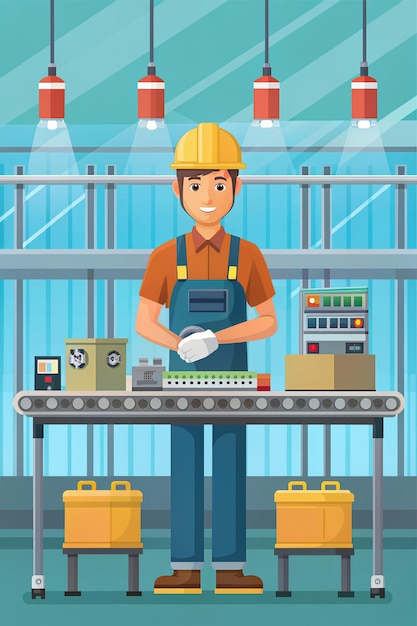 Illustration de personnage du travailleur de la ligne d'assemblage à vecteur plat