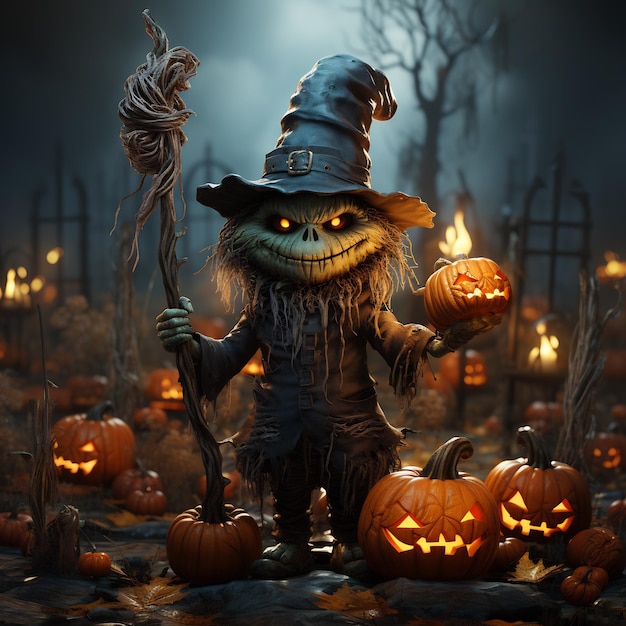 Illustration d'un personnage d'Halloween tenant des citrouilles avec des balais dans la cour
