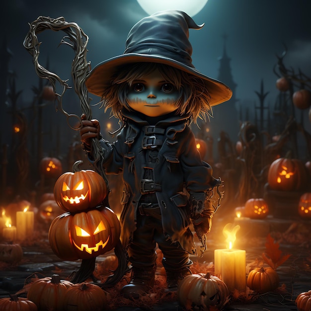 Illustration d'un personnage d'Halloween tenant des citrouilles avec des balais dans la cour