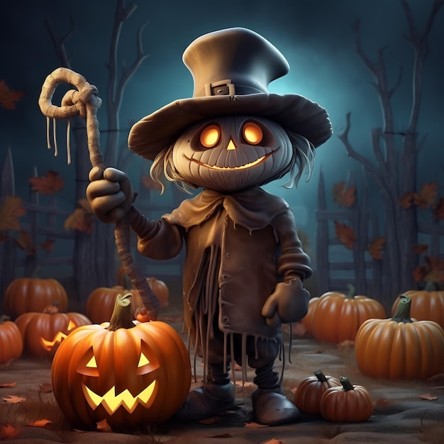 Illustration d'un personnage d'Halloween tenant des citrouilles avec des balais dans la cour