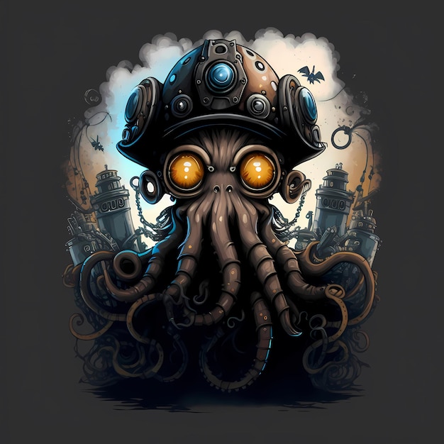 Illustration d'un personnage Octopus Monster, style steampunk, conception de personnage de dessin animé