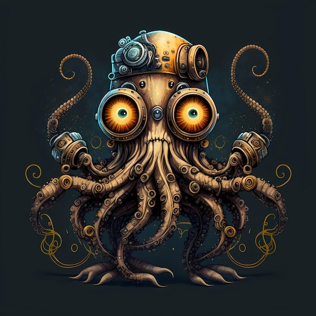 Illustration d'un personnage Octopus Monster, style steampunk, conception de personnage de dessin animé