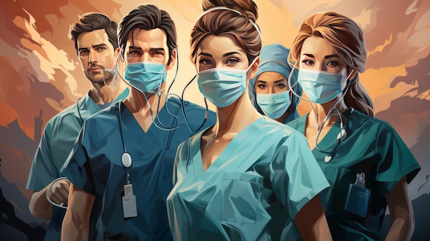 Illustration de personnages de médecins et d'infirmières portant des masques