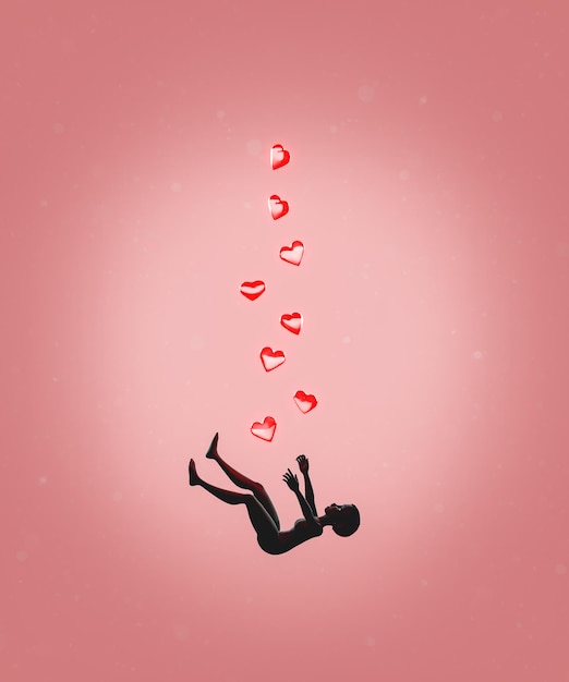 Illustration d'une personne anonyme et de coeurs tombant sur fond rose