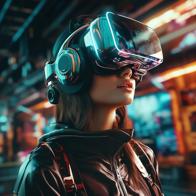 Illustration d'une personne portant un casque de réalité virtuelle VR créé comme une œuvre d'art générative utilisant l'IA