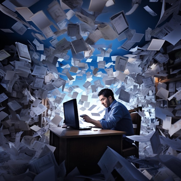 Une illustration d'une personne à son bureau avec du papier volant