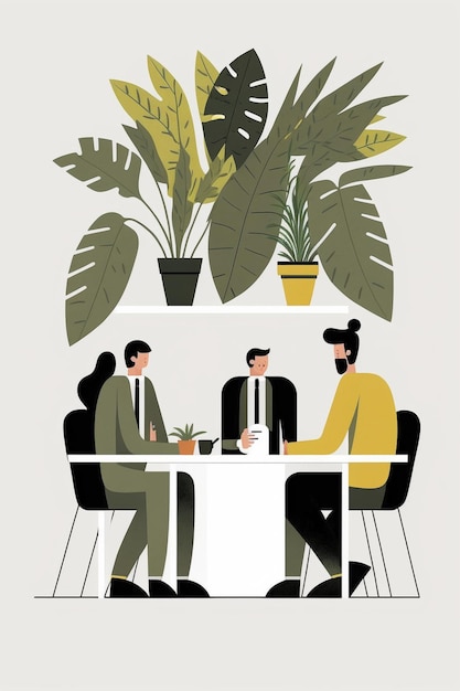 Une illustration de personnes assises à une table avec des plantes sur le mur au-dessus d'eux.