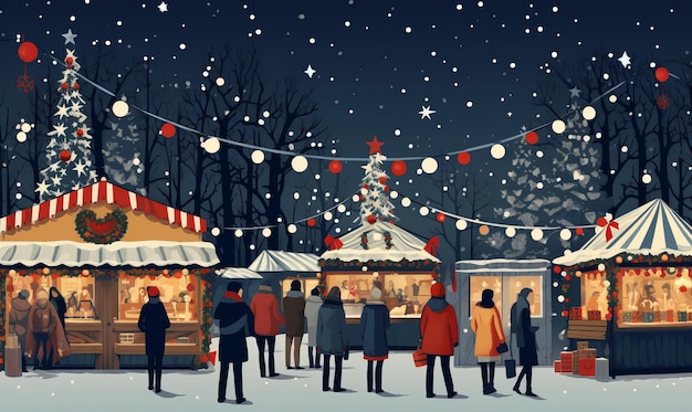 Illustration de personnes bénéficiant d'un marché de Noël festif