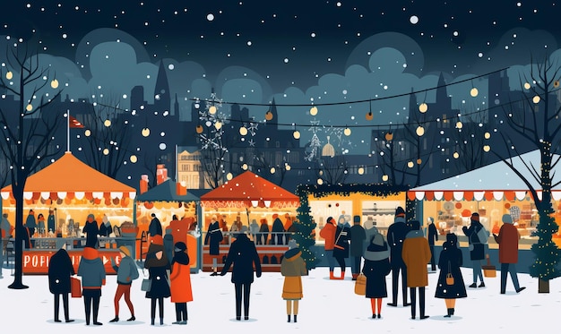 Illustration de personnes bénéficiant d'un marché de Noël festif