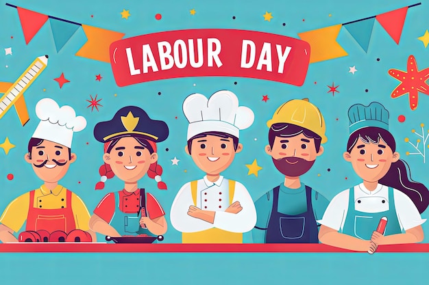 illustration de personnes de différentes professions avec une bannière HAPPY LABOUR DAY texte différents travailleurs design plat style dessin animé