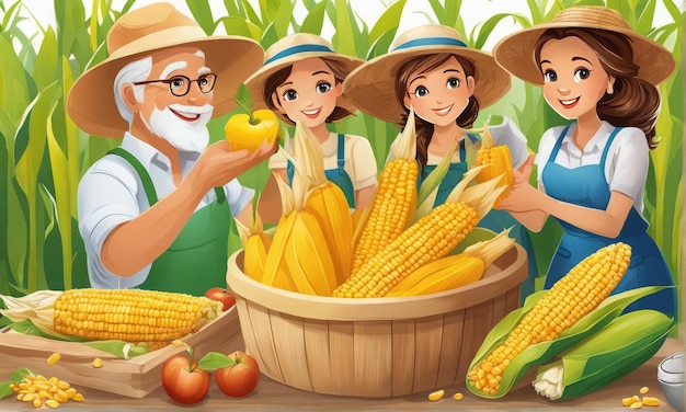 illustration de personnes avec différents types de maïs sur le terrainillustration de personnes avec différents