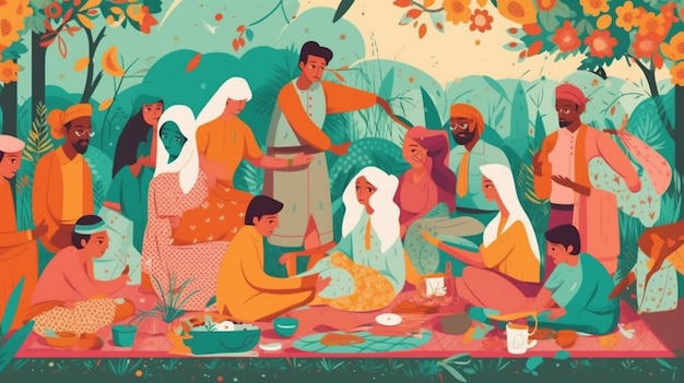 Une illustration de personnes prenant un repas dans un parc.