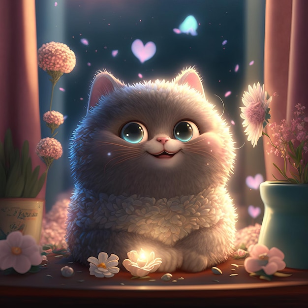 Illustration petit chaton est assis avec des fleurs conte de fées de style enfant Generative AIxA
