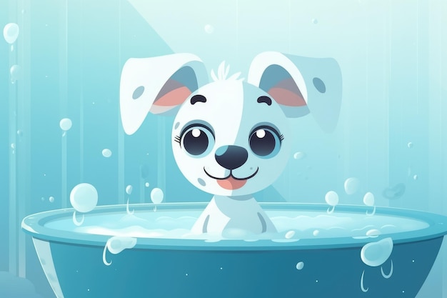 Illustration d'un petit chien mignon qui attend de prendre un bain entouré de bulles génératives ai