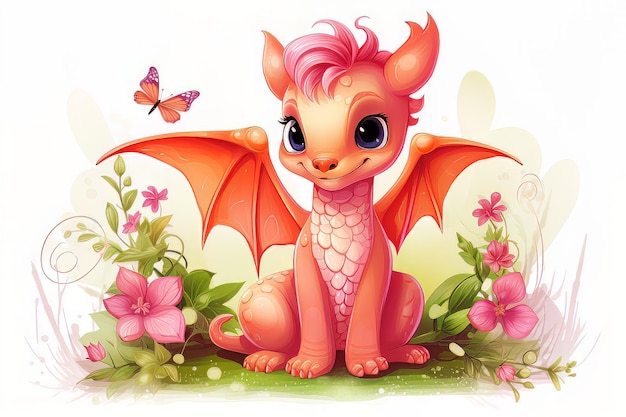 Illustration petit dragon assis avec des fleurs