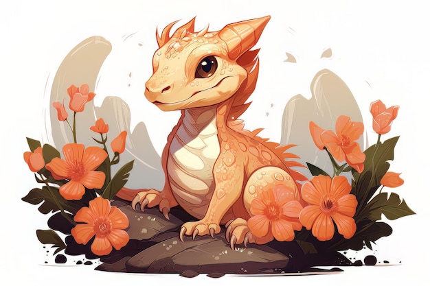 Illustration petit dragon assis avec des fleurs