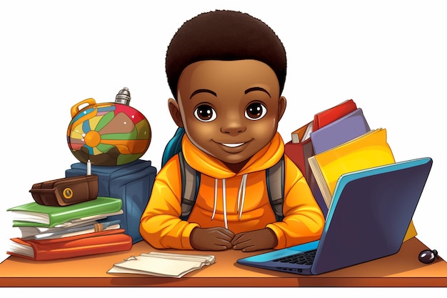 illustration d'un petit garçon africain assis sur une table d'école