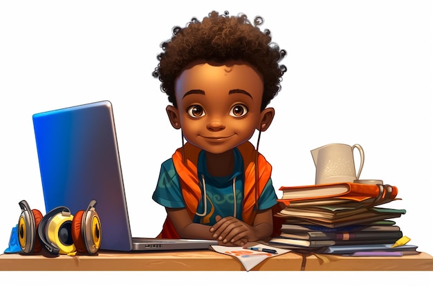 illustration d'un petit garçon africain assis sur une table d'école