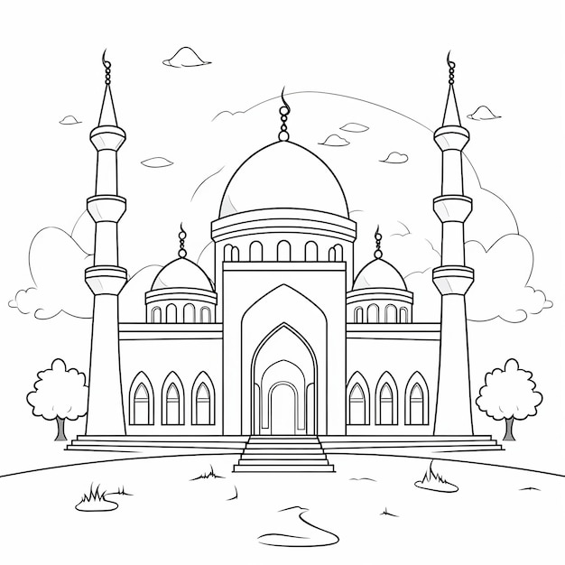 illustration d'un petit paysage de mosquée simple et simple, facile à colorier