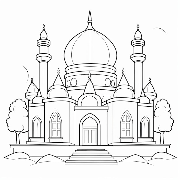 illustration d'un petit paysage de mosquée simple et simple, facile à colorier