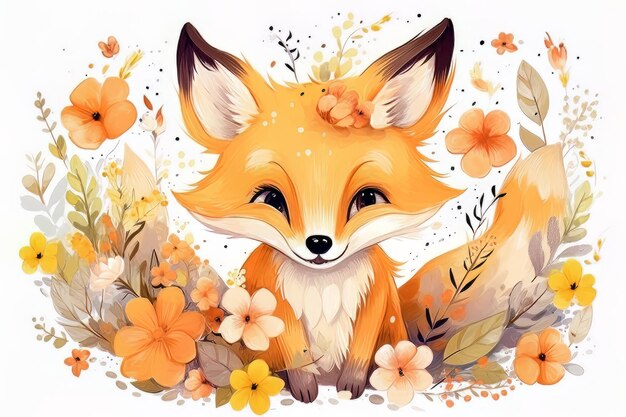 Illustration petit renard avec des fleurs