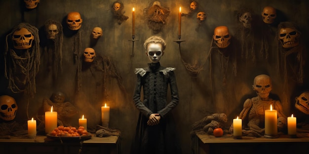 illustration d'une petite fille effrayante se tient devant le mur avec des crânes fond d'Halloween
