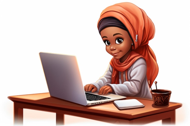 Illustration d'une petite fille musulmane africaine assise sur une table révisant ses leçons son pc blanc
