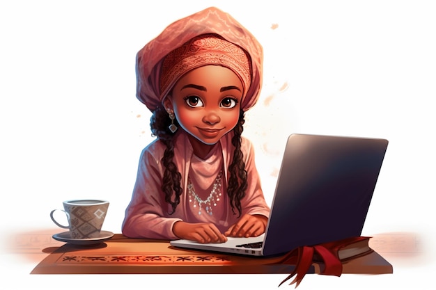 Illustration d'une petite fille musulmane africaine assise sur une table révisant ses leçons son pc blanc