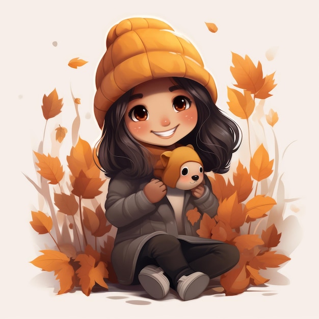 une illustration d'une petite fille tenant un ours en peluche dans les feuilles d'automne