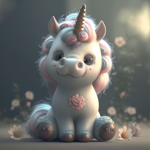 Illustration petite licorne assise avec des fleurs conte de fées de style enfant AI générative