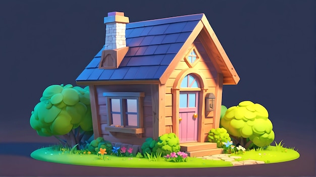 Photo illustration d'une petite maison en 3d sur un fond sombre isolé