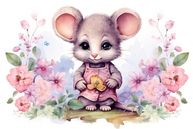 Illustration petite souris avec des enfants de fleurs