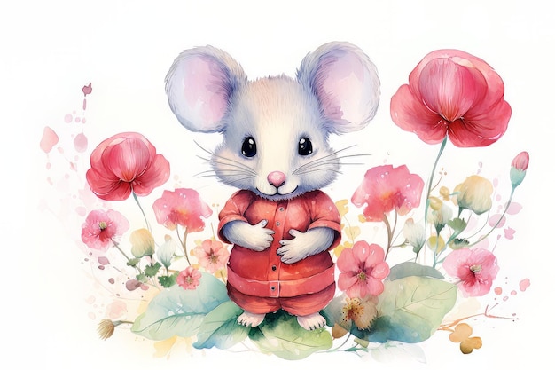 Illustration petite souris avec des fleurs