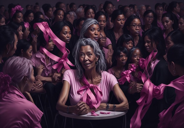 Illustration d'un peuple et d'un ruban pour le soutien d'un mois mondial de sensibilisation au cancer du sein