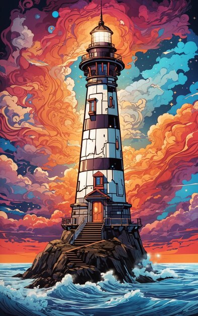 Illustration d'un phare au milieu d'une mer de ciel étoilé et de nuages colorés 1