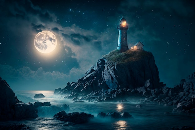 Illustration d'un phare sur la côte la nuit avec la lune et la réflexion générée par l'IA