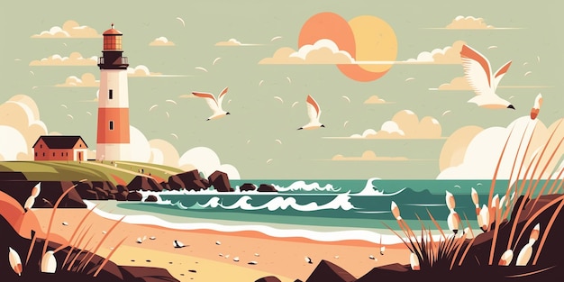 Illustration d'un phare avec des oiseaux survolant la plage ai générative