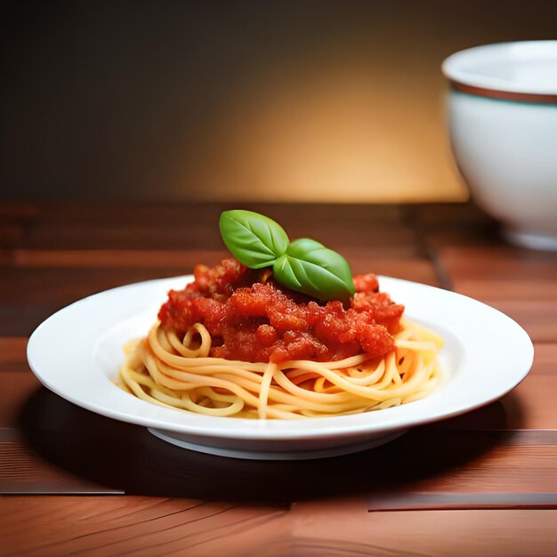 Illustration photo générée par ai d'un angle élevé de spaghettis appétissants avec sauce nudus et vert