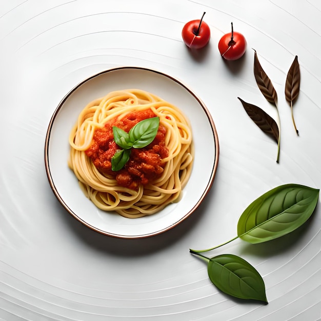 Illustration photo générée par ai d'un angle élevé de spaghettis appétissants avec sauce nudus et vert