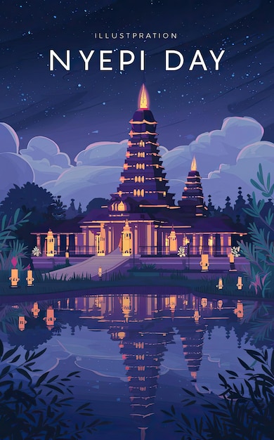 Illustration photo gratuite pour le jour nyepi avec le temple sous le ciel étoilé se reflétant dans l'eau