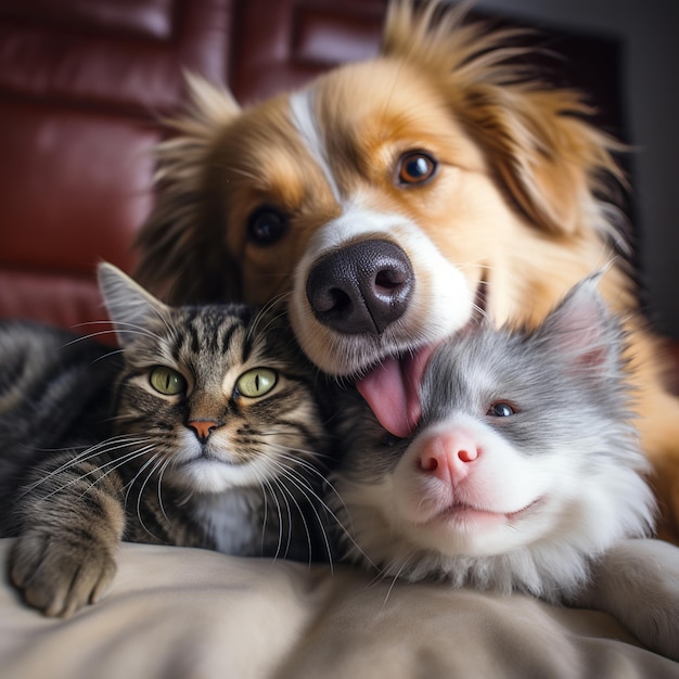 illustration d'une photo rapprochée d'un chien et d'un chat heureux